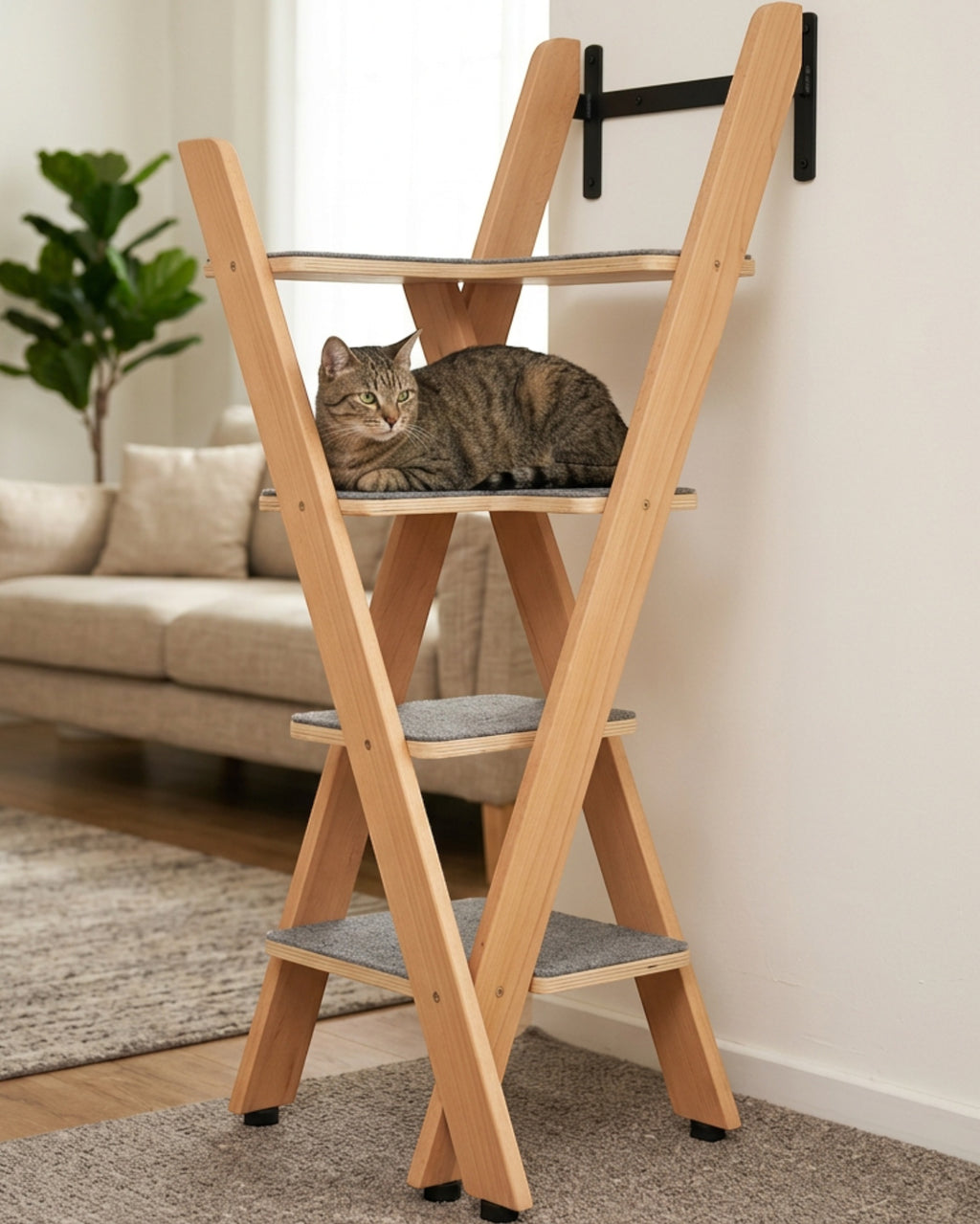 Graiy Leaning Beech Ladder Cat Tree 140 cm Natural - Lifestyle view
